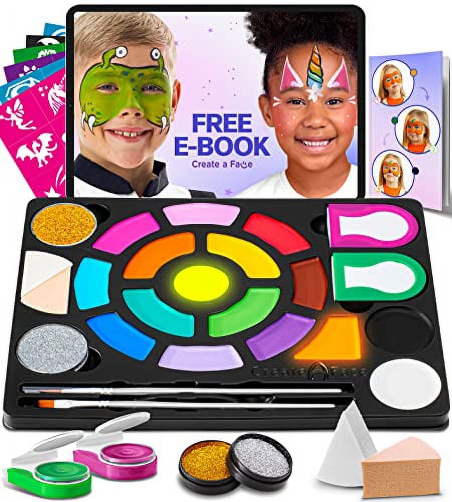 Face Painting Kits for Kids - Water Based Face Paint Kits 16 Colors, 60  Stencils, 2 Brushes, 2 Glitter, Sponges & Hairchalks - Facepaint Tutorials  & Book - Hypoallergenic. For Toddler, Teens & Adults 